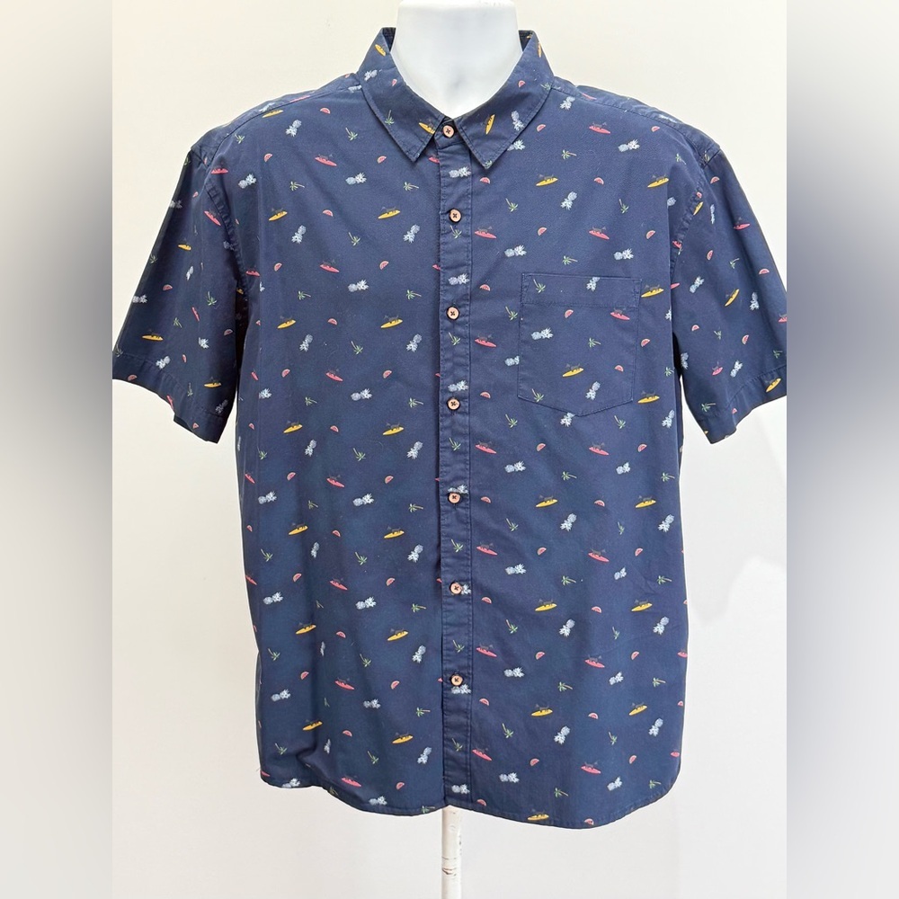 SUNRISE KINGDOM Navy Blue pineapple & palm tree motif short sleeve shirt size XL